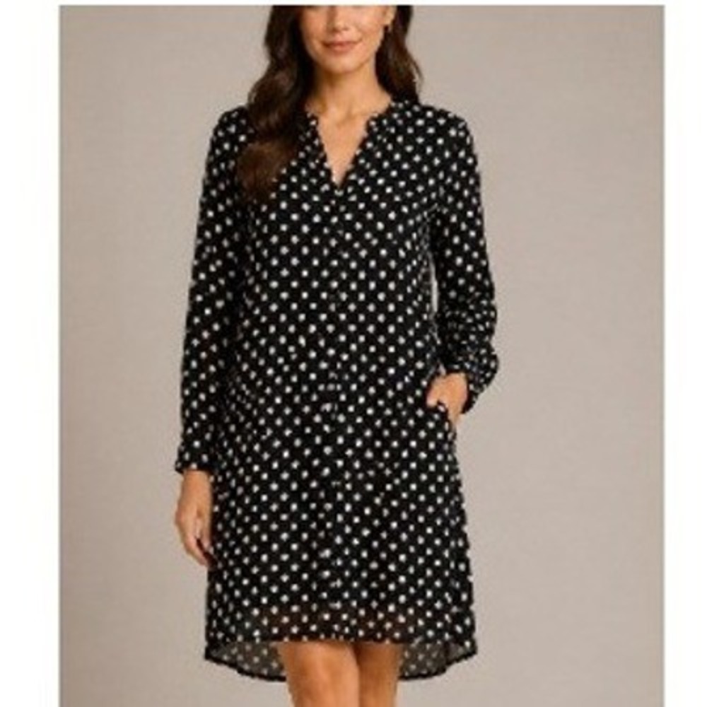 Merona Women's Black Polka Dot High Low Shirt Long Sleeve Pockets Dress‎ Size L